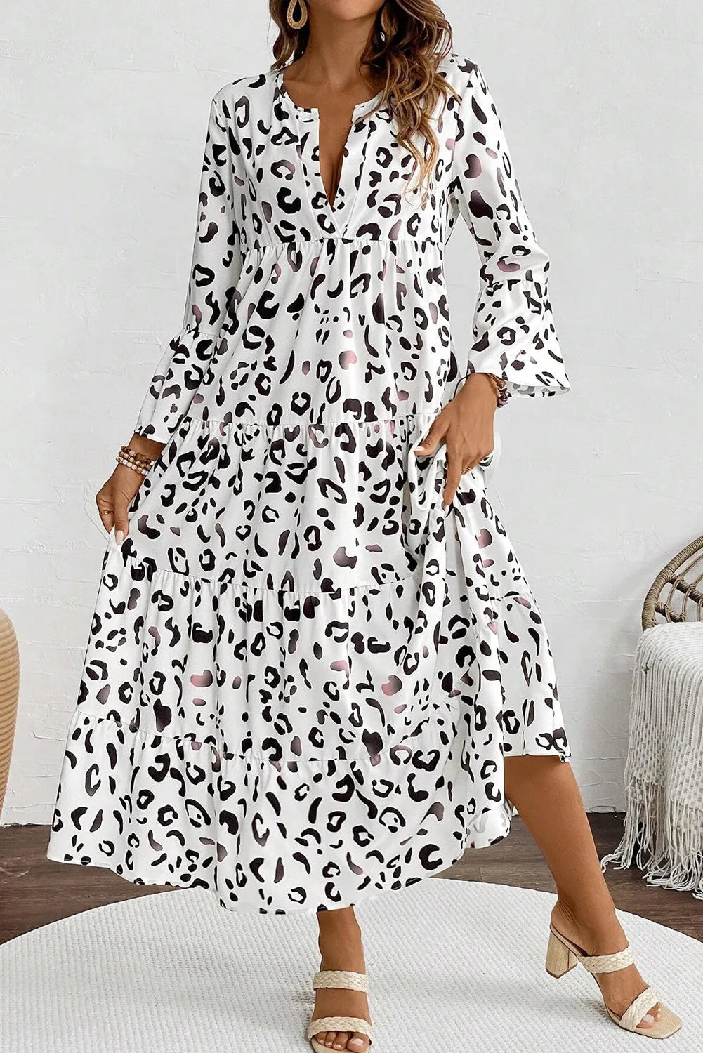 Tiered Leopard Notched Three-Quarter Sleeve Dress