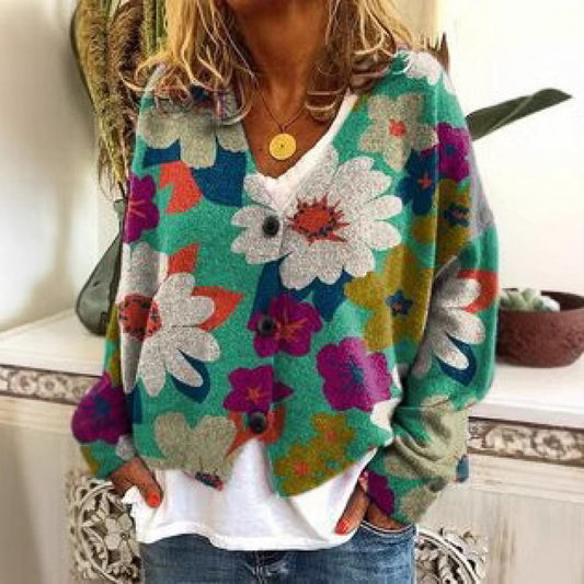 Women's Cardigan Sweater Artistic Retro Printing Colorful Flora