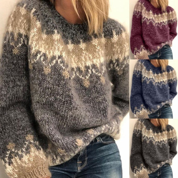 Casual Pullover Jacquard Sweater Autumn And Winter Fashion Knitted Tops Women's Clothing