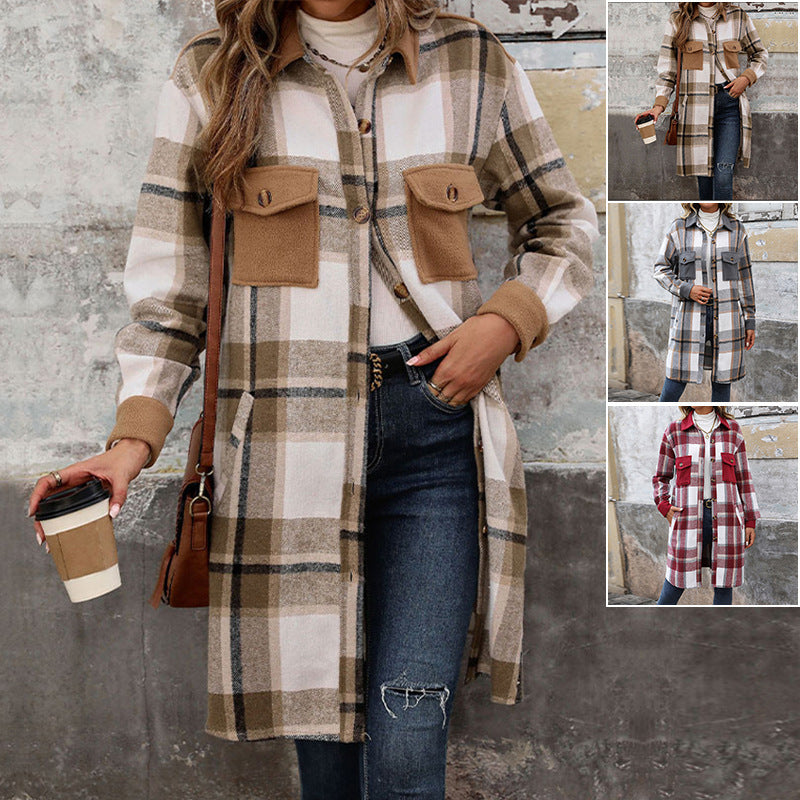 Brushed Plaid Long Coat With Pockets Fashion Winter Jacket Outwear Women's