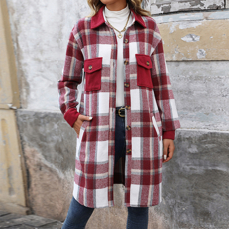 Brushed Plaid Long Coat With Pockets Fashion Winter Jacket Outwear Women's