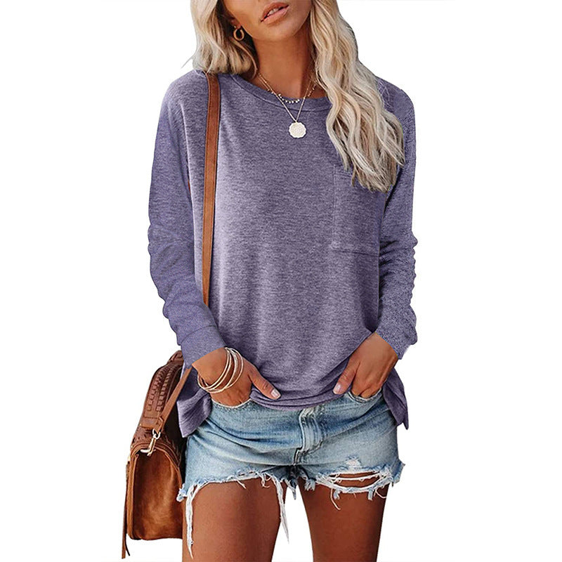 Pocket Split Long-sleeved Casual Bottoming T-shirt