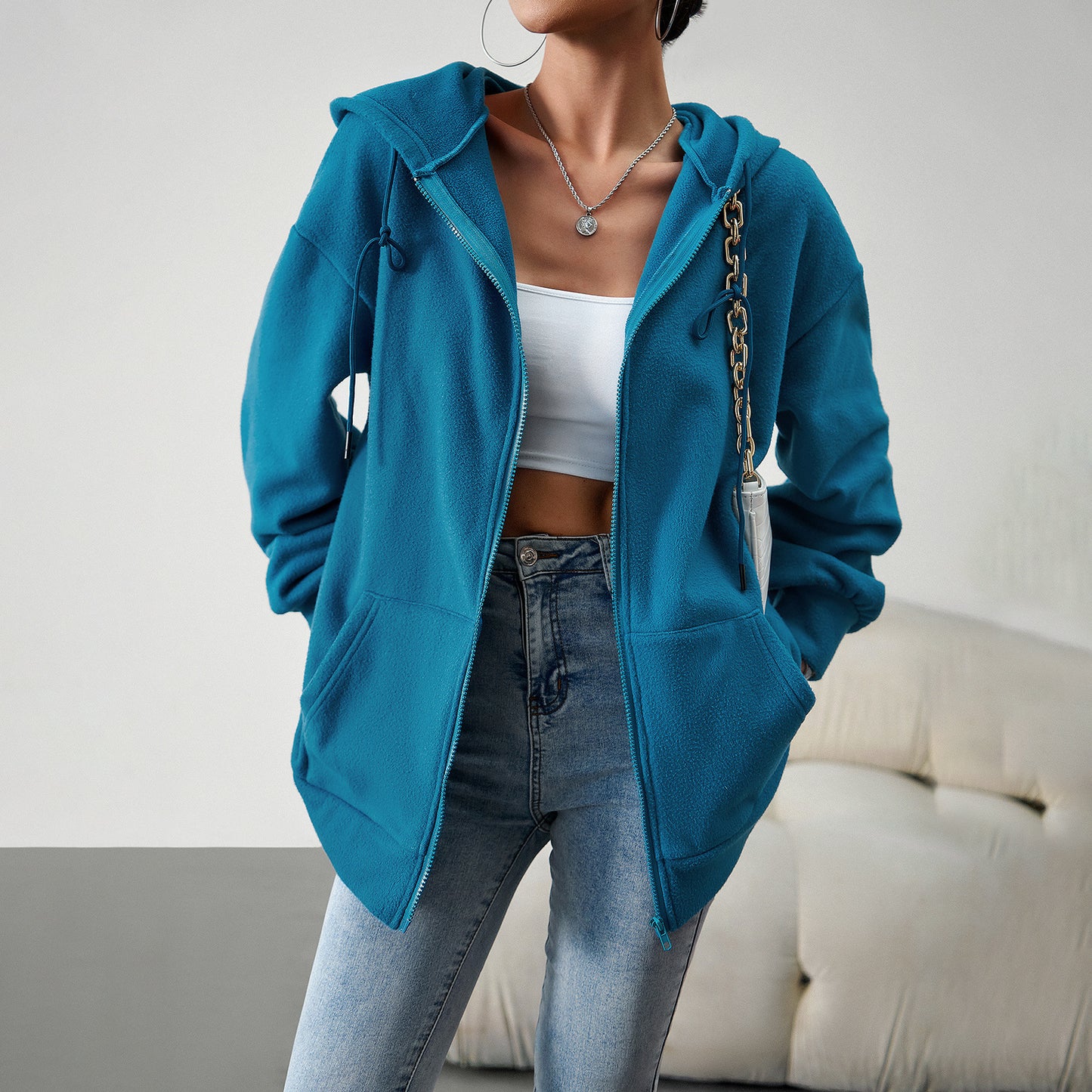 Hooded Cardigan Jacket With Pockets Loose Coat Women Solid Outwear Clothing