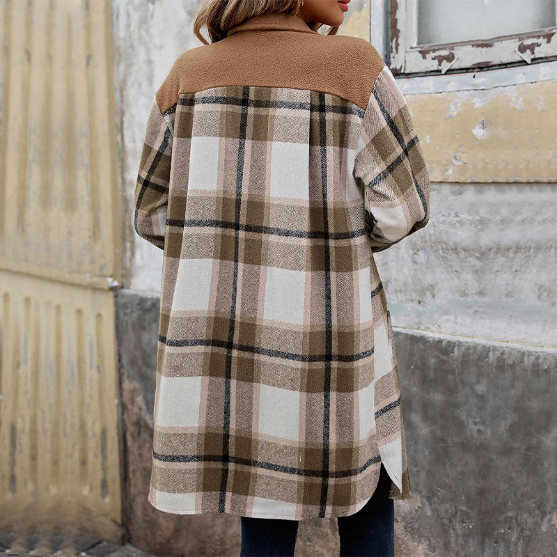 Brushed Plaid Long Coat With Pockets Fashion Winter Jacket Outwear Women's