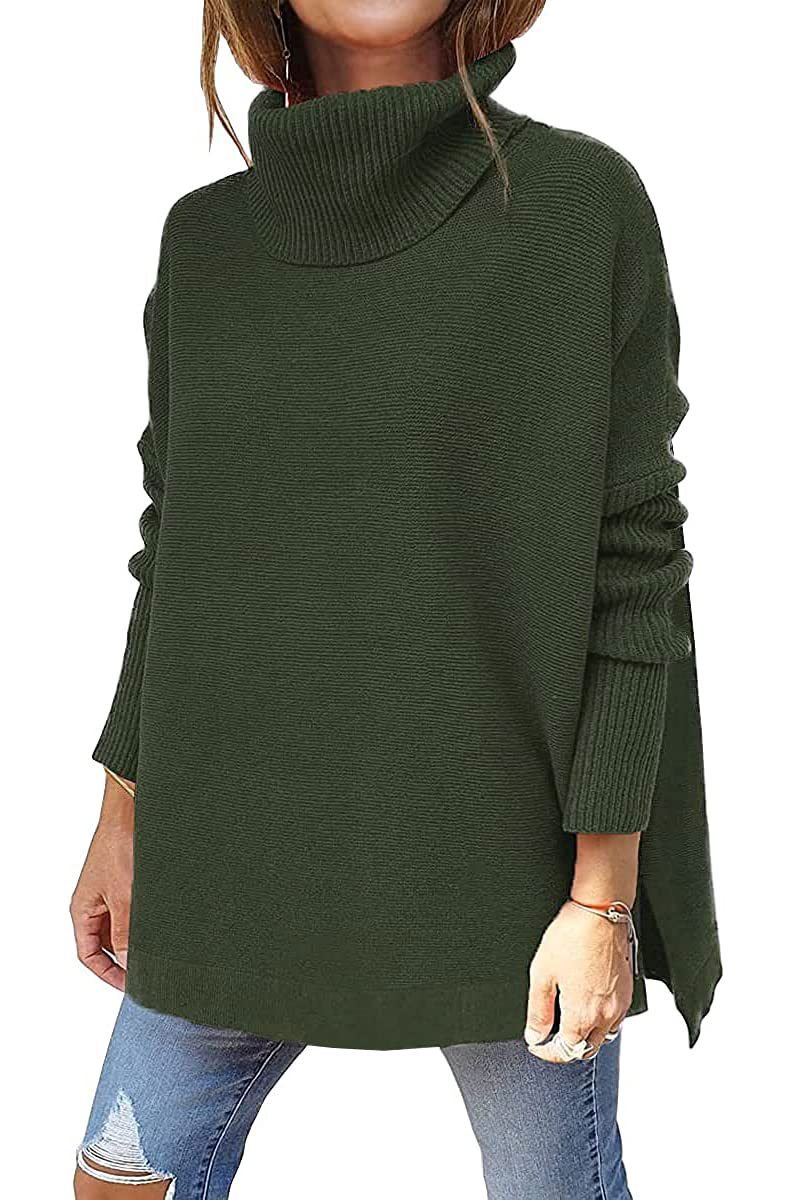 Turtleneck Sweater Mid Length Batwing Sleeve Slit Hem Tunic Pullover Sweaters Winter Tops Women Clothing