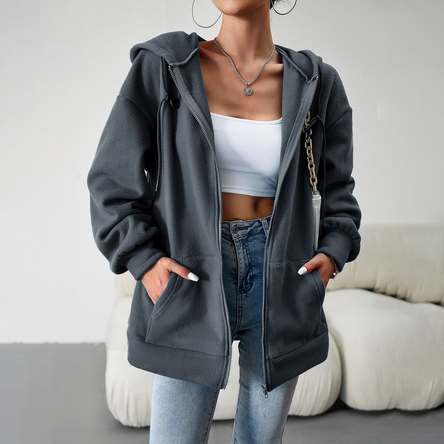 Hooded Cardigan Jacket With Pockets Loose Coat Women Solid Outwear Clothing