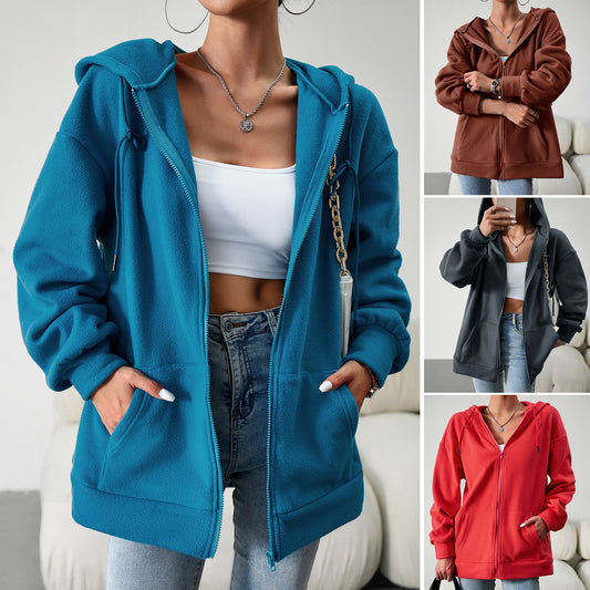 Hooded Cardigan Jacket With Pockets Loose Coat Women Solid Outwear Clothing