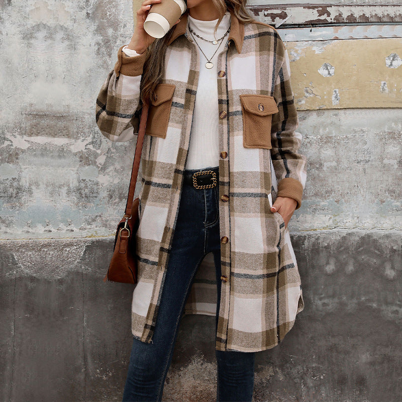 Brushed Plaid Long Coat With Pockets Fashion Winter Jacket Outwear Women's