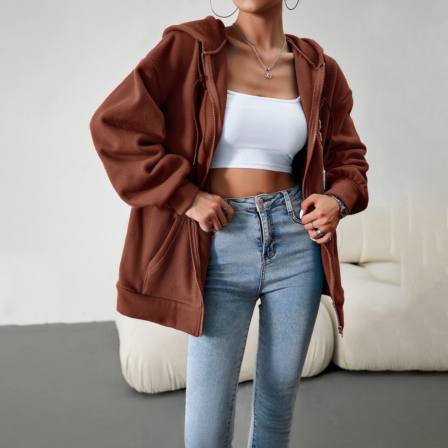 Hooded Cardigan Jacket With Pockets Loose Coat Women Solid Outwear Clothing