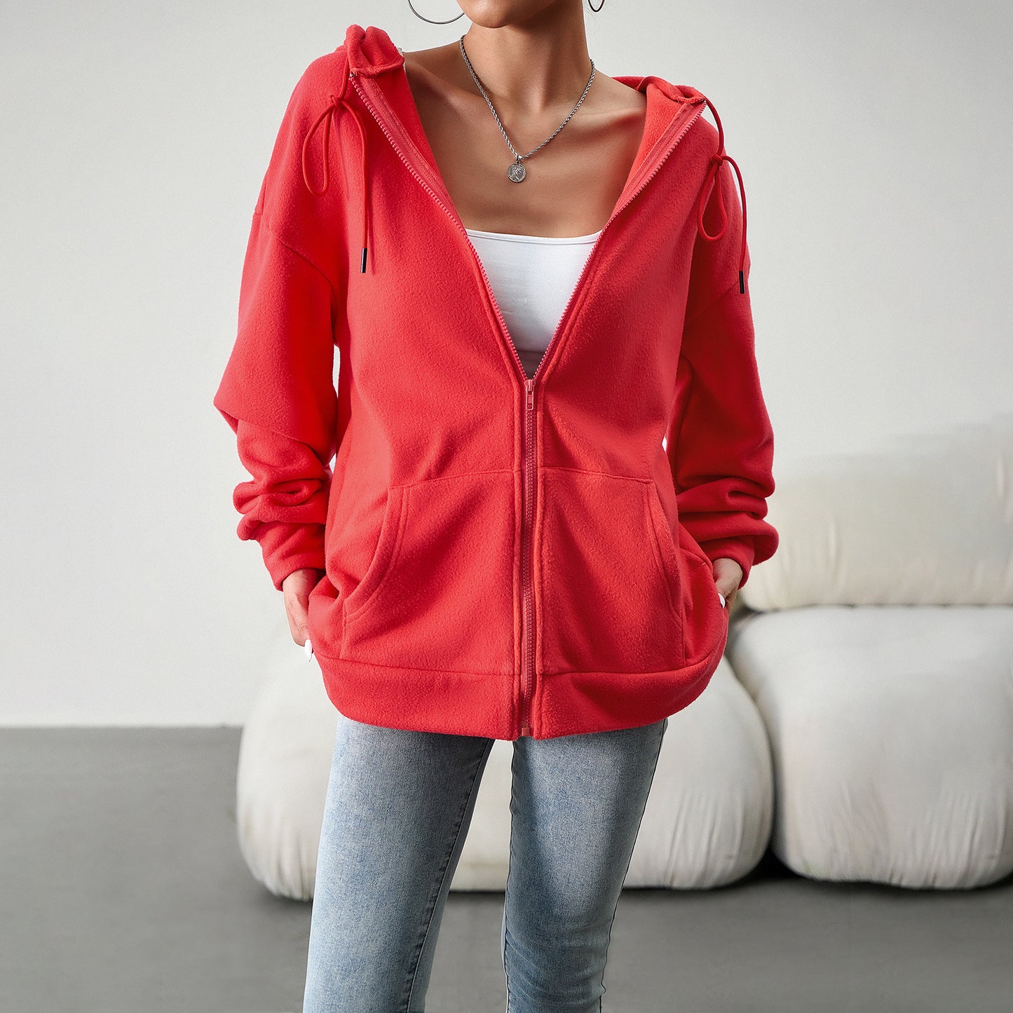 Hooded Cardigan Jacket With Pockets Loose Coat Women Solid Outwear Clothing