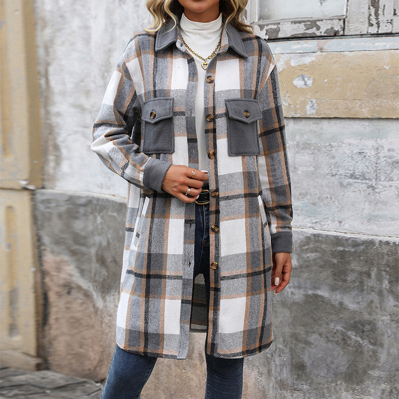 Brushed Plaid Long Coat With Pockets Fashion Winter Jacket Outwear Women's